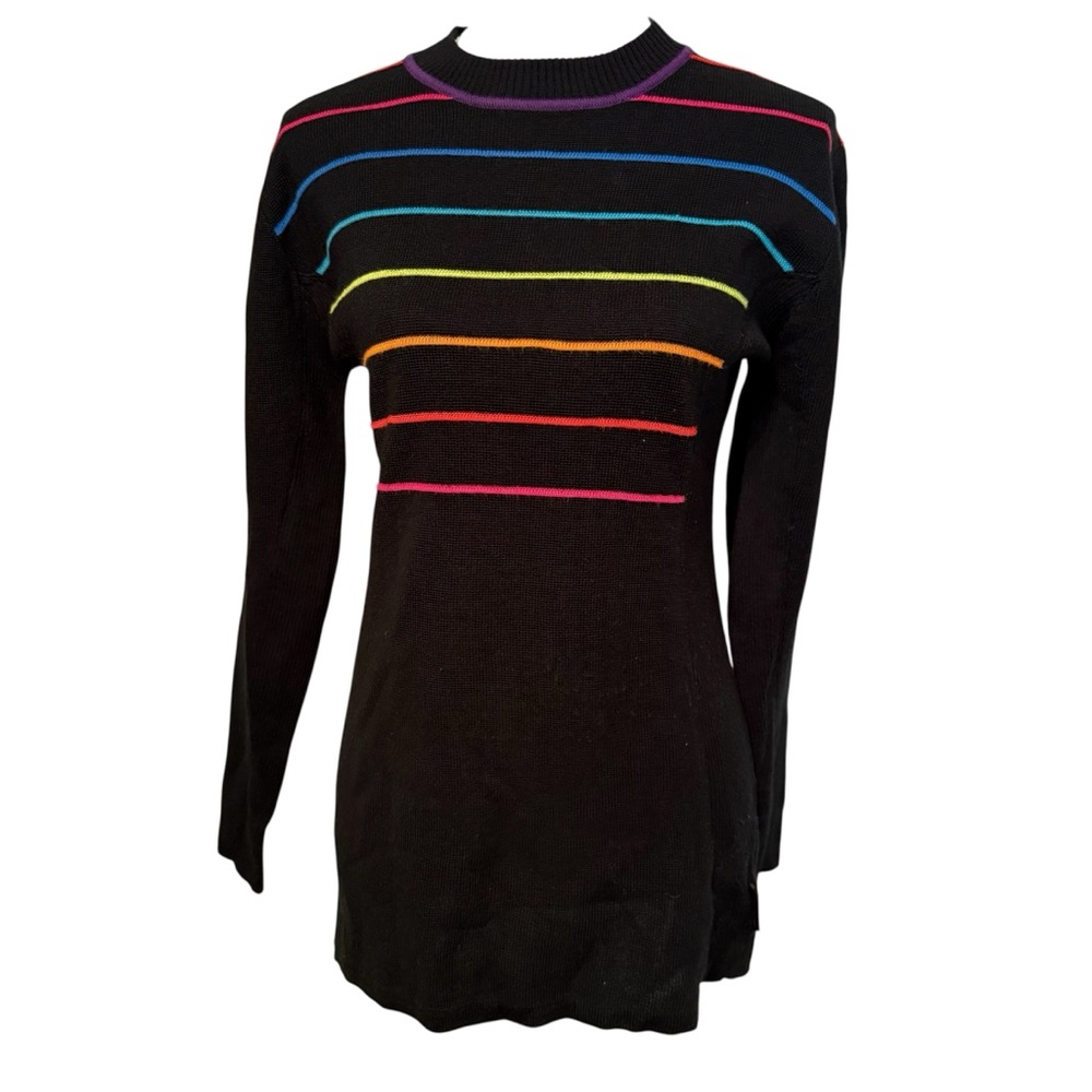 OBERMEYER SWEATER HIGH CREWNECK BLACK MULTI COLOR STRIPE SIZE L measures like M*